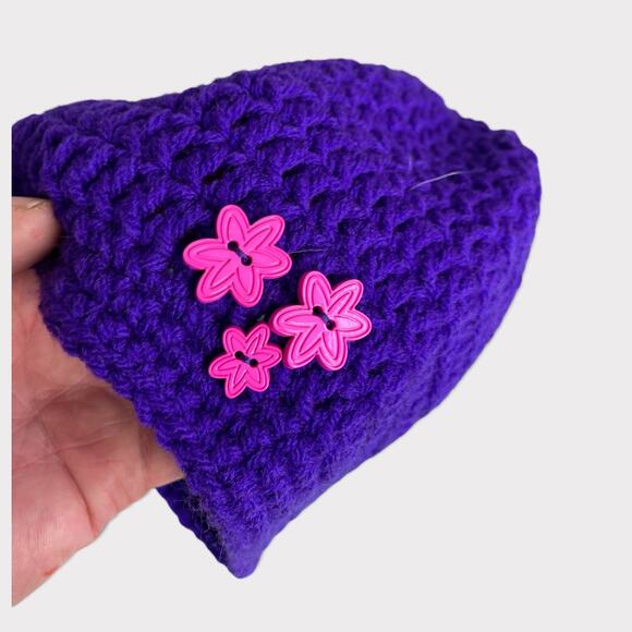 Hand Knit Crochet Girls Hat Purple with Pink Flower Buttons - Picture 3 of 8